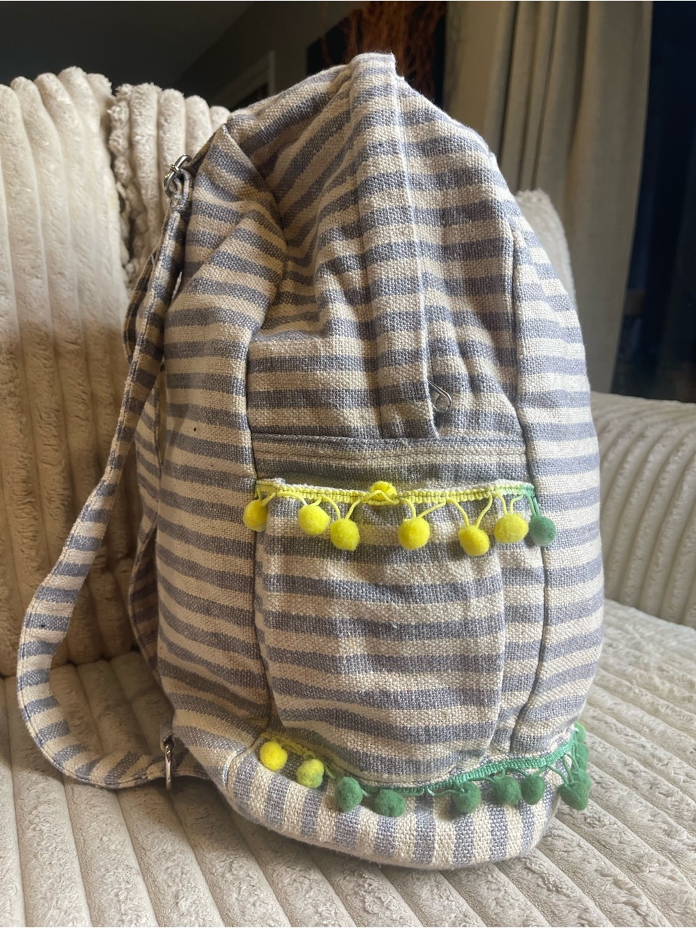 Pineapple Backpack Grey Striped Canvas Boho Travel School Bag Pom Poms - Picture 4 of 9